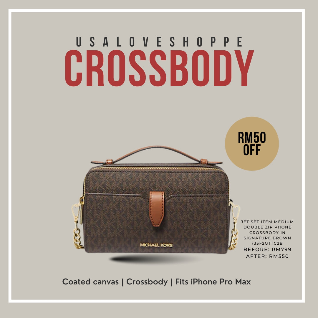 Discover the Must-Have Bag of the Season: Michael Kors Jet Set Item Medium Double Zip Phone Crossbody in Signature Brown (35F2GTTC2B)