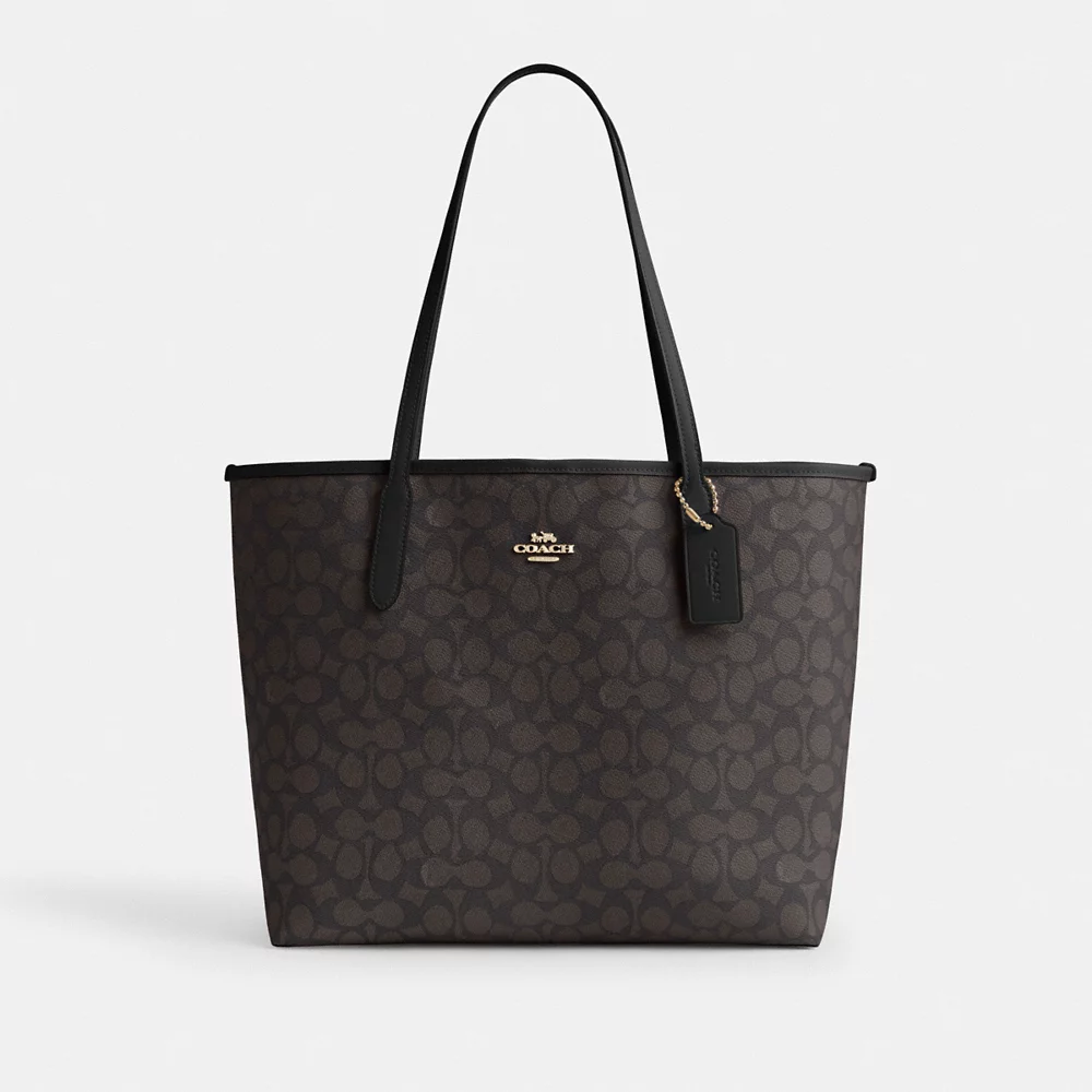 COACH Bag Malaysia COACH City Tote Bag In Signature Canvas In Walnut Black CV976