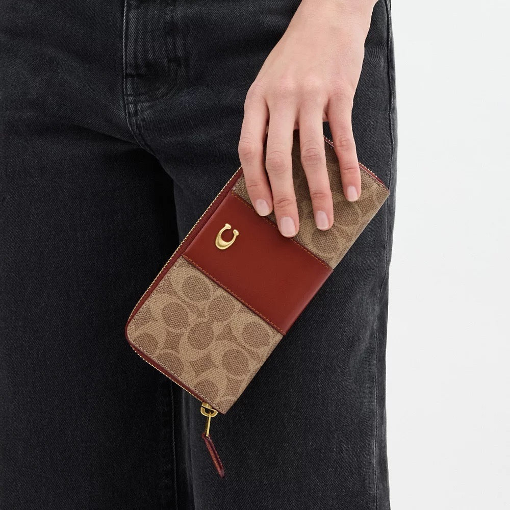 COACH Essential Slim Accordion Zip Wallet In Signature Canvas in Tan/Rust (CS031)