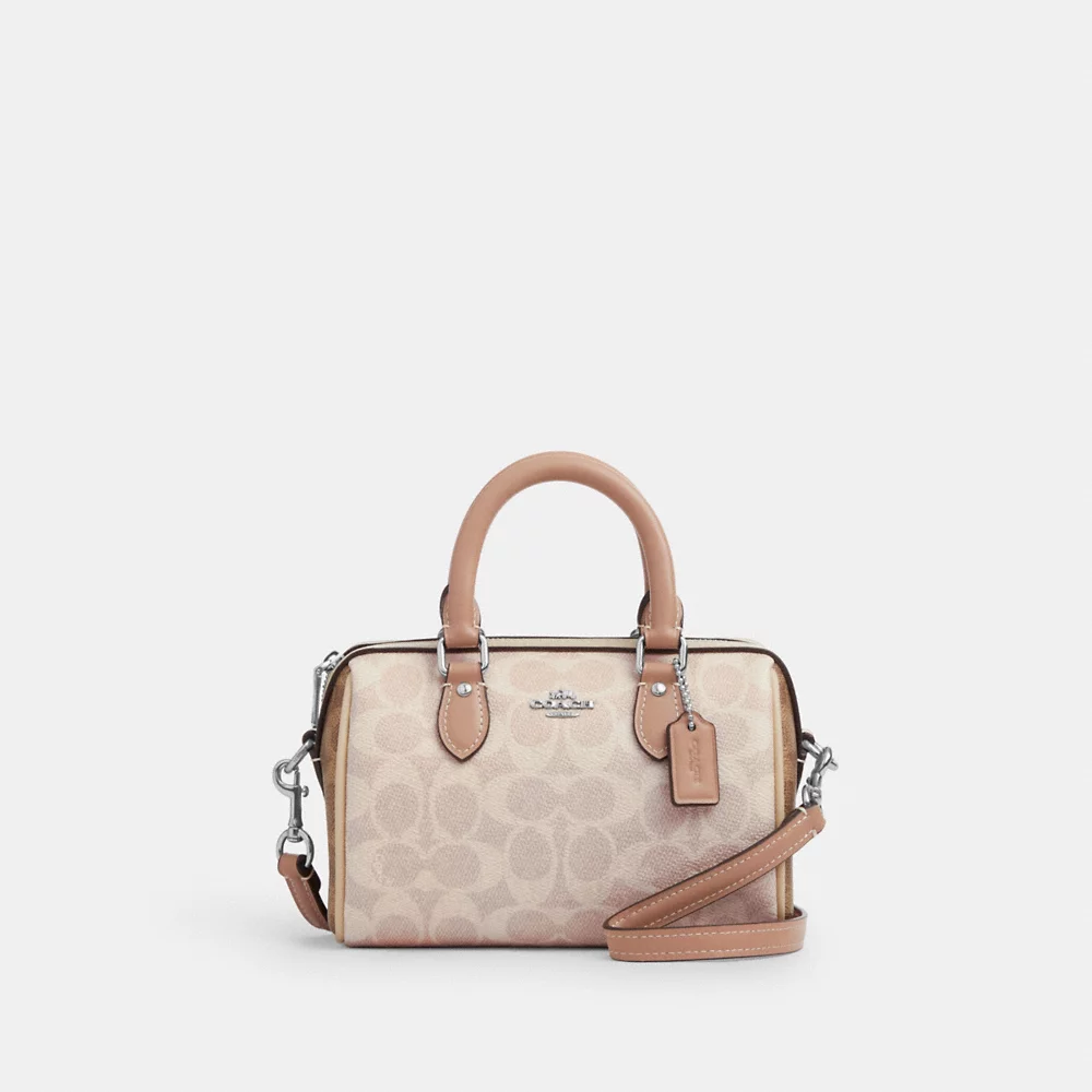 AUCTION COACH Mini Rowan Crossbody Bag In Blocked Signature Canvas Sand/Taupe Multi (CW330)