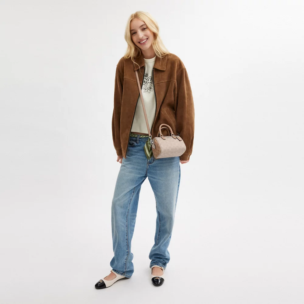 AUCTION COACH Mini Rowan Crossbody Bag In Blocked Signature Canvas Sand/Taupe Multi (CW330)