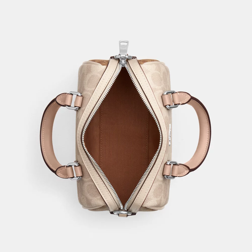AUCTION COACH Mini Rowan Crossbody Bag In Blocked Signature Canvas Sand/Taupe Multi (CW330)
