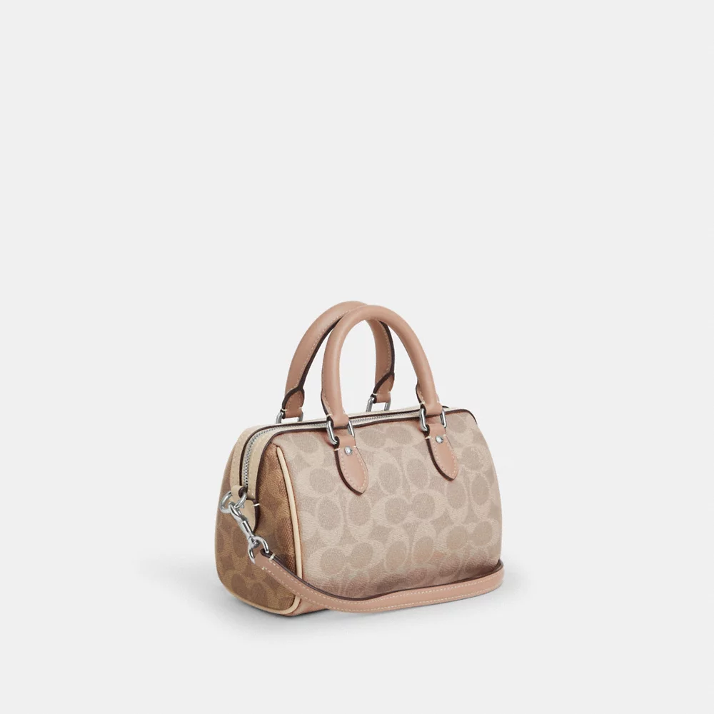AUCTION COACH Mini Rowan Crossbody Bag In Blocked Signature Canvas Sand/Taupe Multi (CW330)