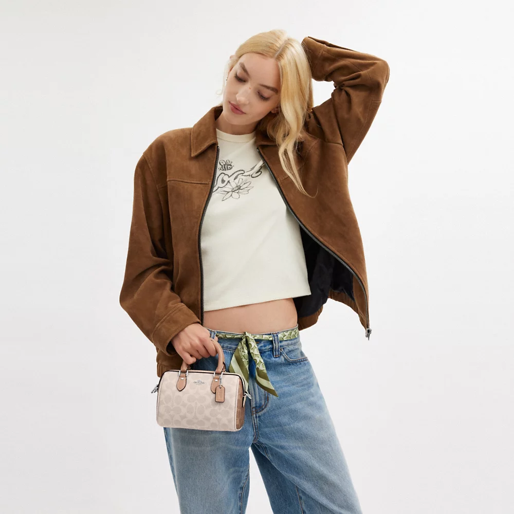 AUCTION COACH Mini Rowan Crossbody Bag In Blocked Signature Canvas Sand/Taupe Multi (CW330)