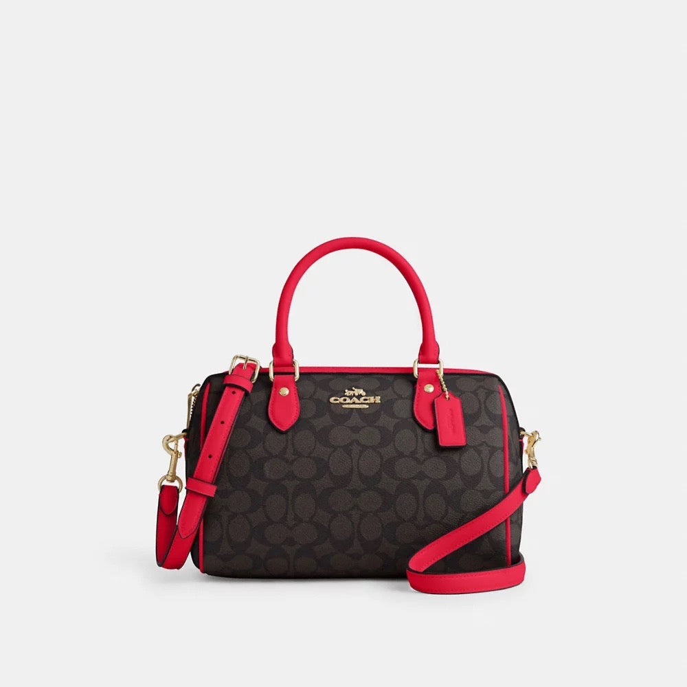 Coach Bag Malaysia COACH Rowan Satchel Bag In Signature Canvas in Walnut Bold Red CV961