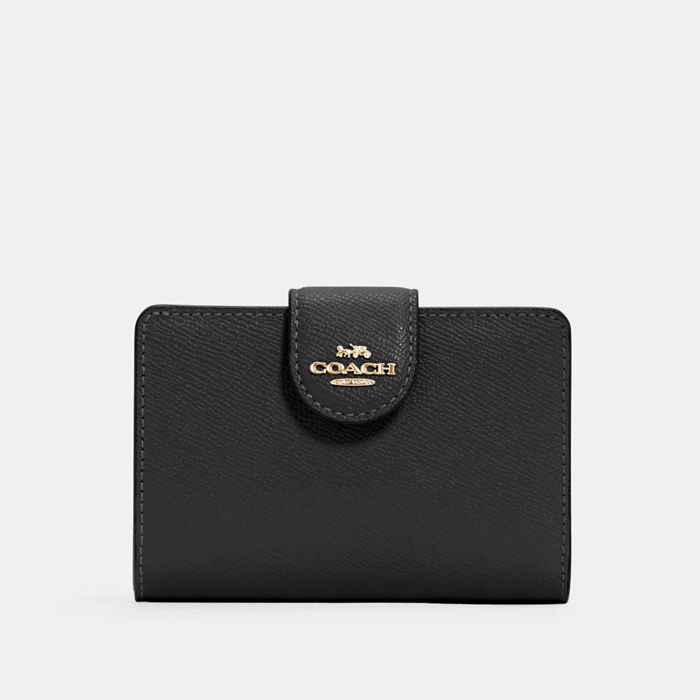 C0ACH Crossgrain Leather Medium Corner Zip Wallet in Black (GHW) (6390)
