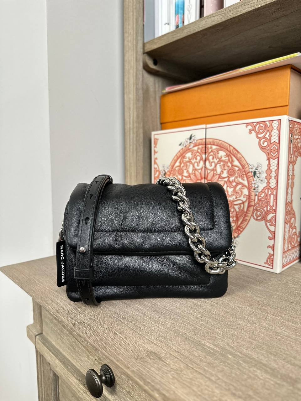 MJ Pillow Soft Leather Small Shoulder Bag in Black (H913L01RE22-001)