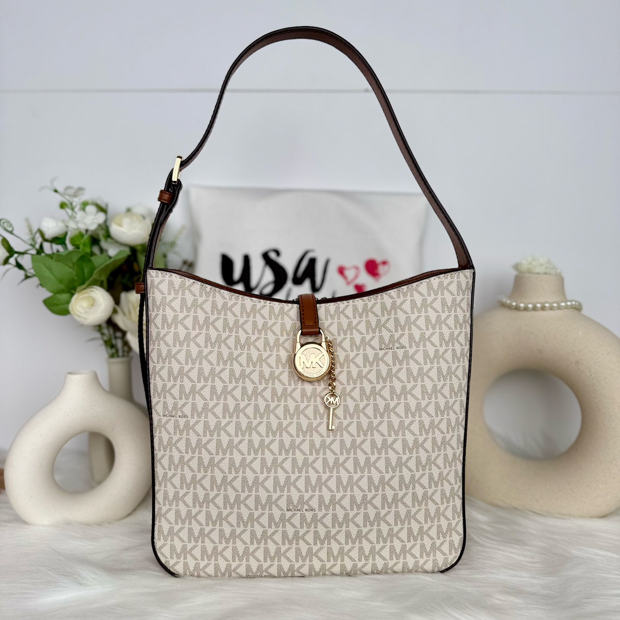 Michael Kors Bag Malaysia Michael Kors Lyra Small Bucket Shoulder Bag in Signature Vanilla 35F4G1YS5B