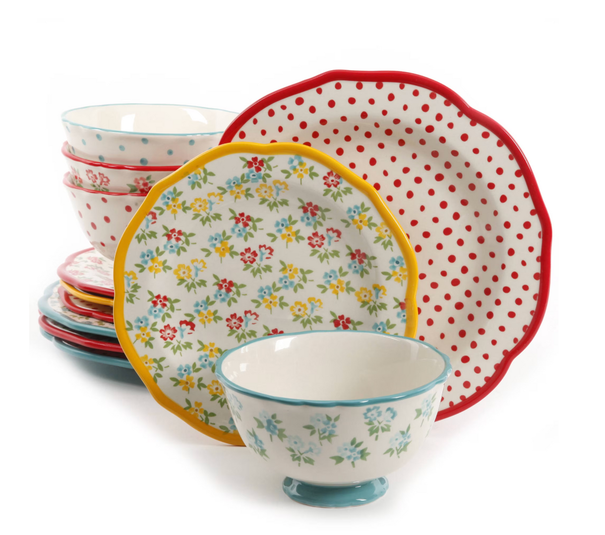 The Pioneer Woman Timeless Floral & Retro Dot 12-Piece Stoneware Dinnerware Set – Multicolour