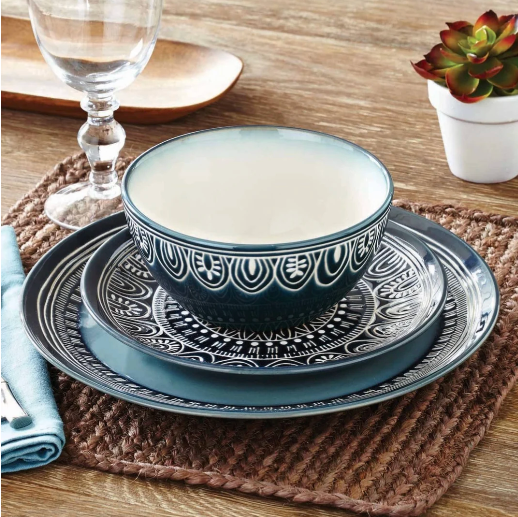 Better Homes & Gardens Teal Medallion 12-Piece Stoneware Dinnerware Set