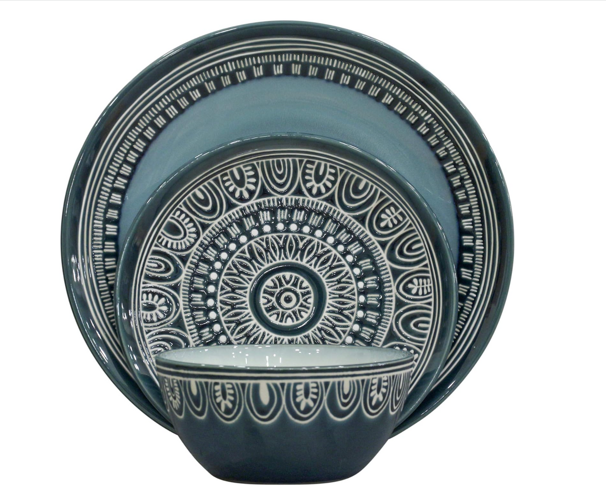 Better Homes & Gardens Teal Medallion 12-Piece Stoneware Dinnerware Set