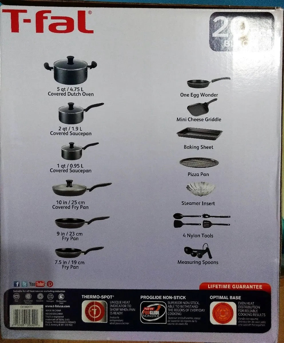 T-Fal 20-Piece Black Proglide Non-Stick Cookware Set (Open box)