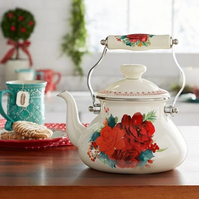 The Pioneer Woman Cheerful Rose Enamel on Steel 1.9 Quart Tea Kettle