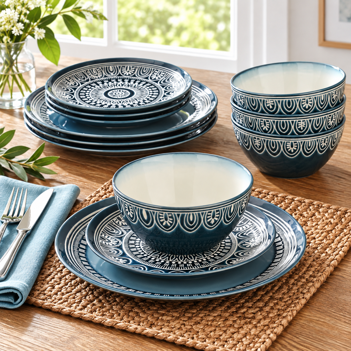 Better Homes & Gardens Teal Medallion 12-Piece Stoneware Dinnerware Set