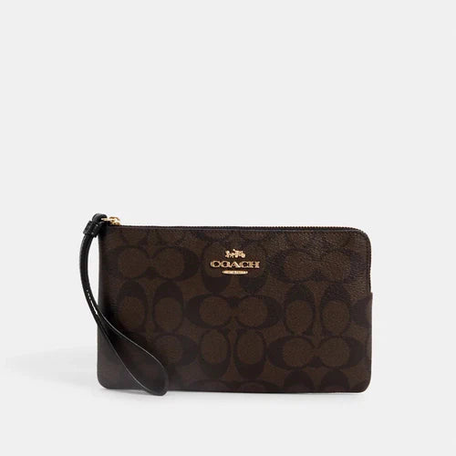 Unveil the Elegance: Coach Large Corner Zip Wristlet in Signature Canvas in Brown/Black