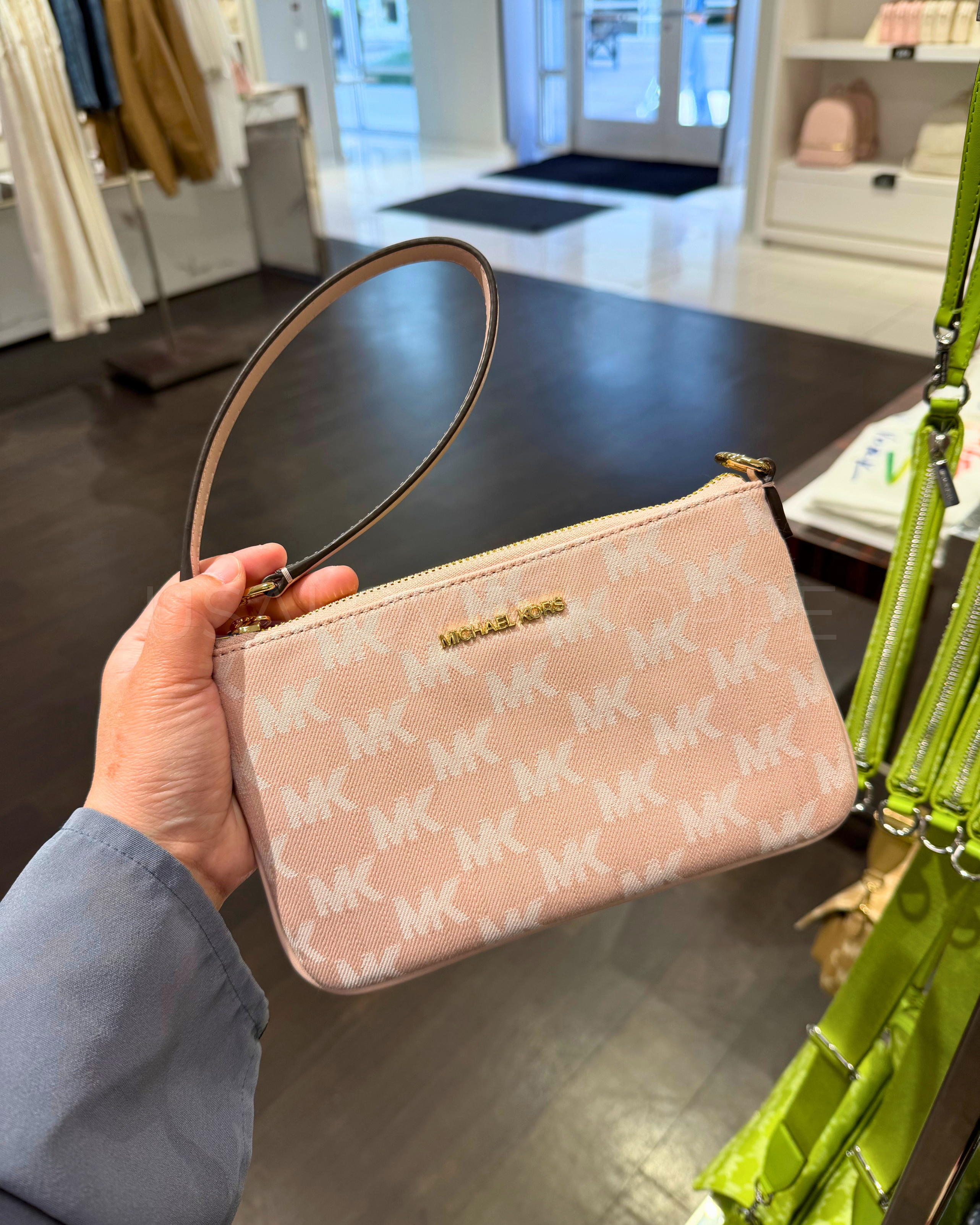 Michael Kors Jet Set Travel Small Logo Jacquard Denim Wristlet in Powder Blush: The Stylish Essential Every Woman Needs