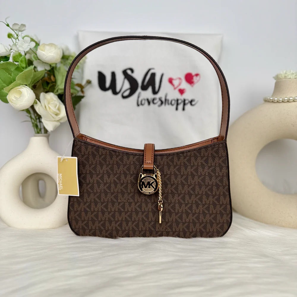 Find Elegance and Affordability with the Michael Kors Lyra Small Pouchette in Signature Brown