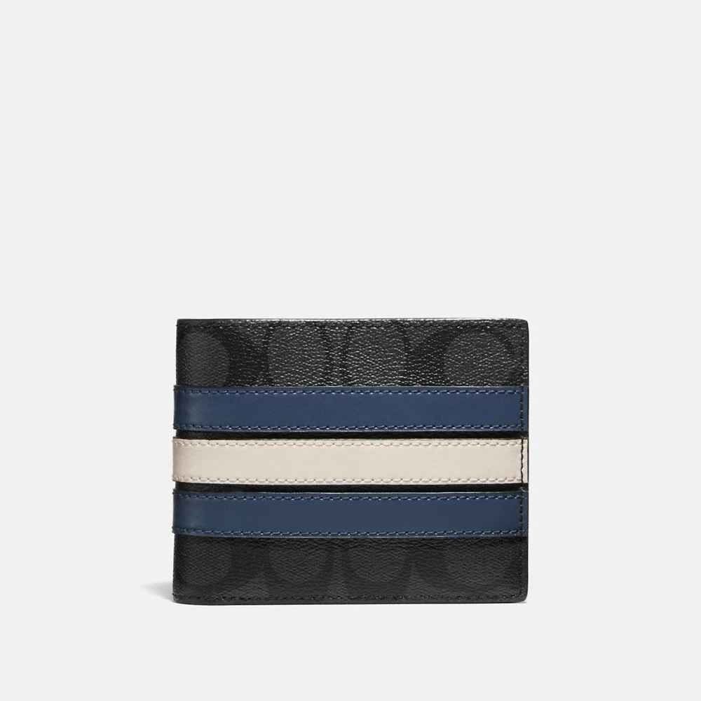 COACH Men 3 In 1 Wallet In Sig Canvas With Varsity Stripe in Charcoal/Denim/Chalk (CR958)