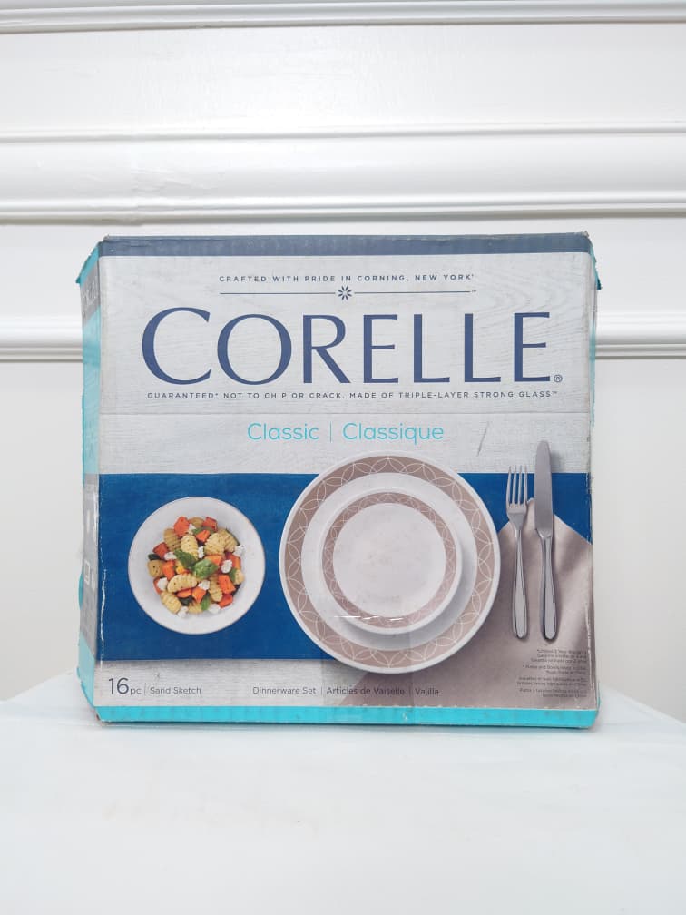 [DEFECT] CORELLE 16 PCS DINNERWARE SET IN SAND SKETCH (1 MISSING DINNER PLATE)