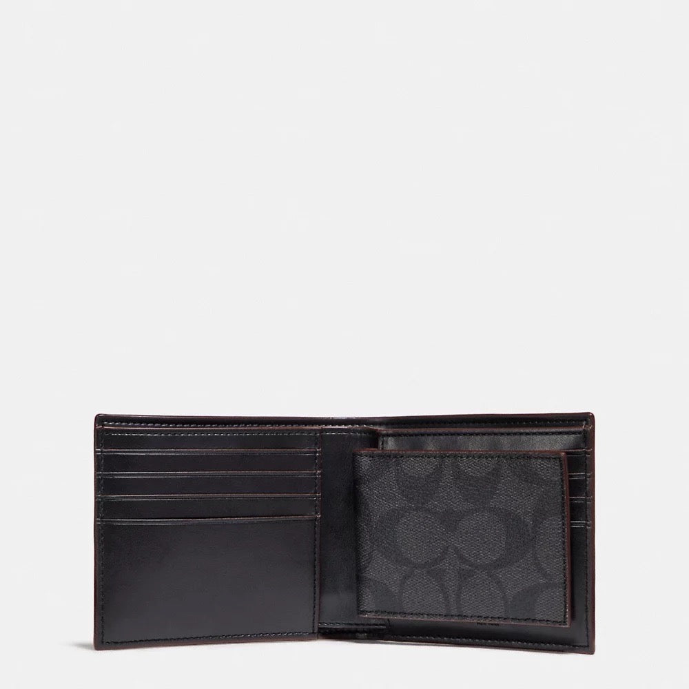 C0ACH Men Compact ID Wallet in Signature Canvas in Black/Black/Oxblood (25519)