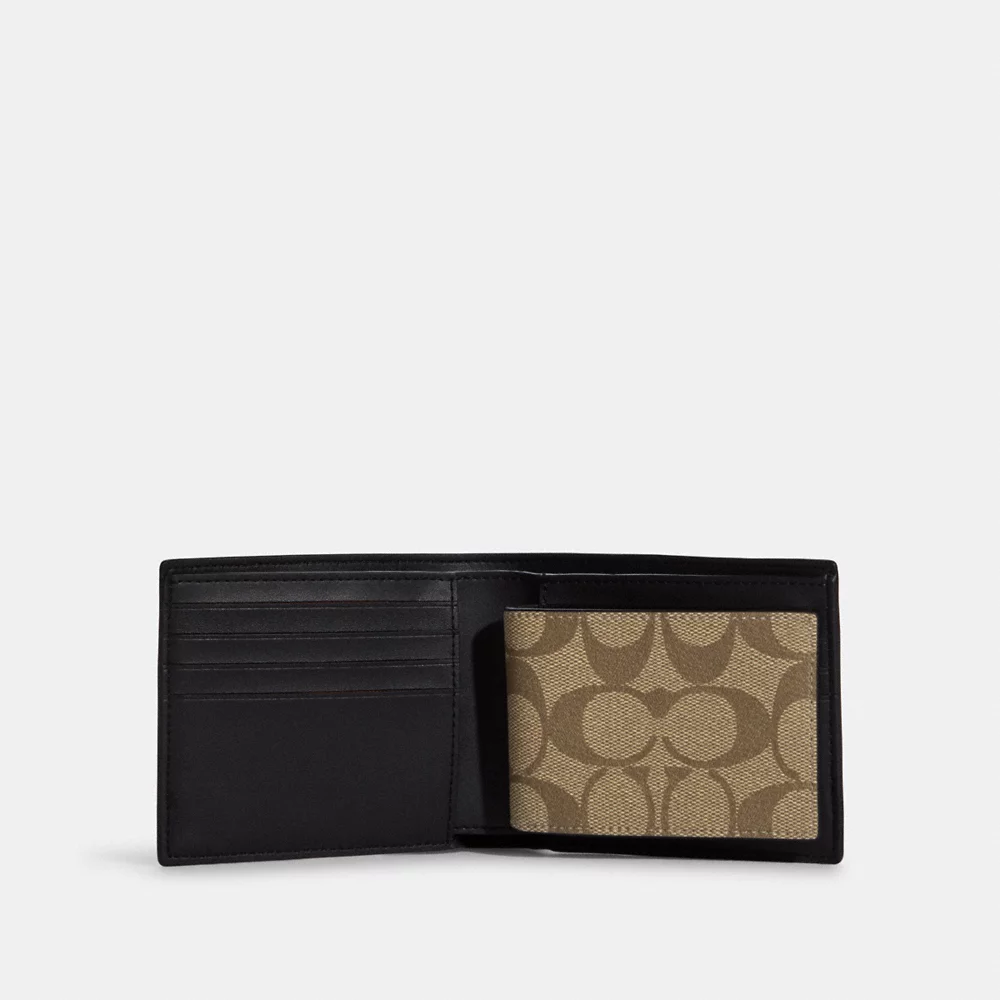 C0ACH 3 In 1 Wallet In Blocked Signature Canvas in Mahogany Multi (CR960)