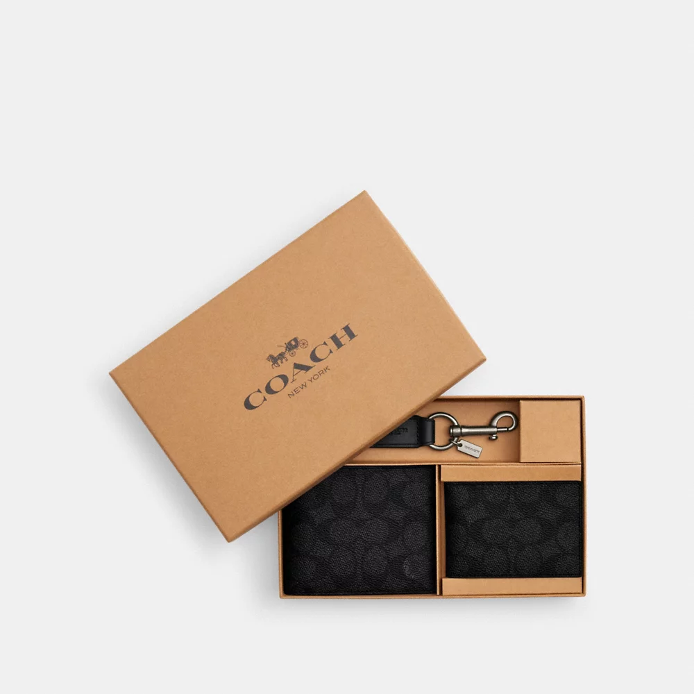 [INCOMING ETA END NOV 2024]  COACH Men Boxed 3 In 1 Wallet Gift Set In Sig C In Charcoal/Black (CW344)