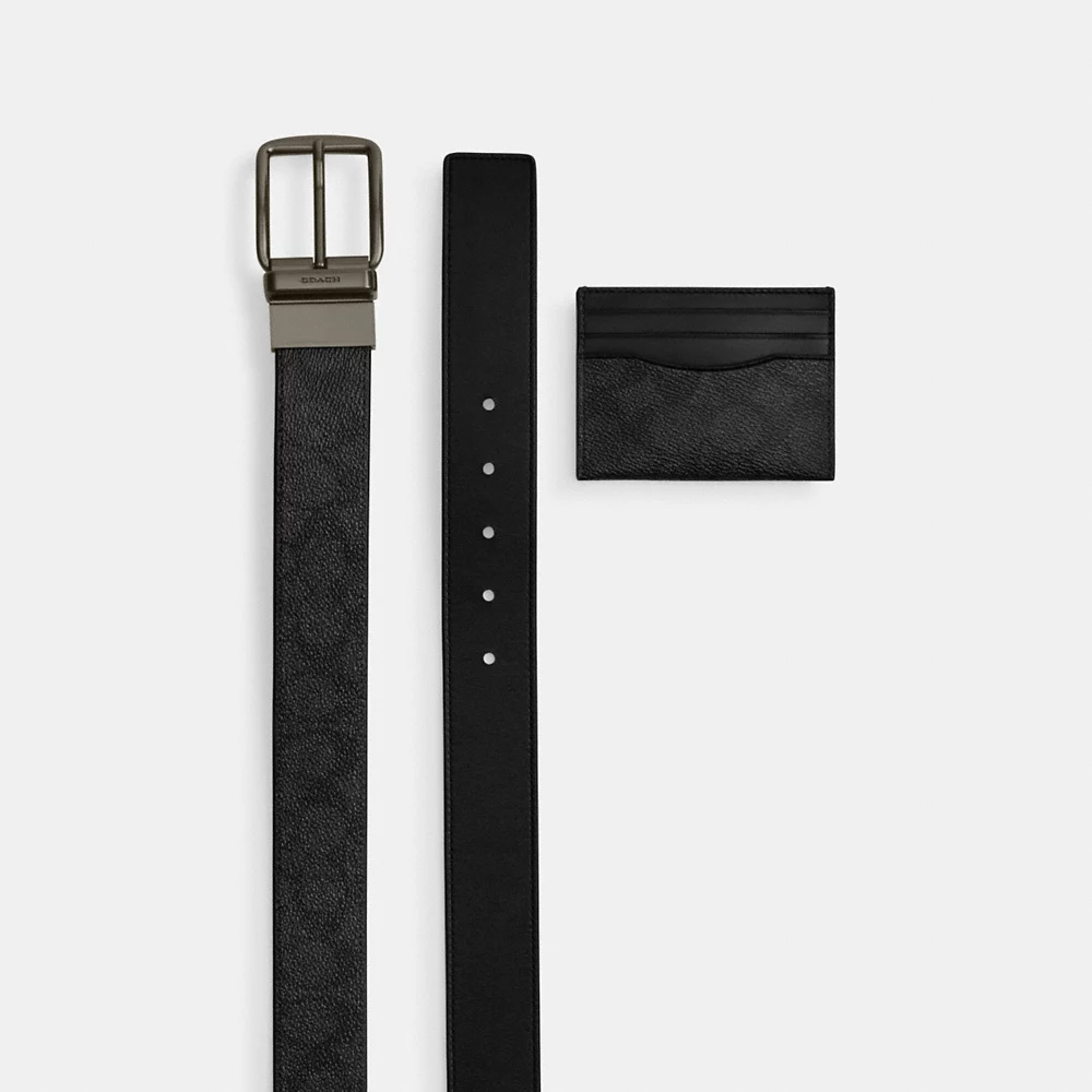 [INCOMING ETA 30 DAYS] COACH Boxed Card Case And Belt Set In Signature Canvas In Charcoal Black (CW351)