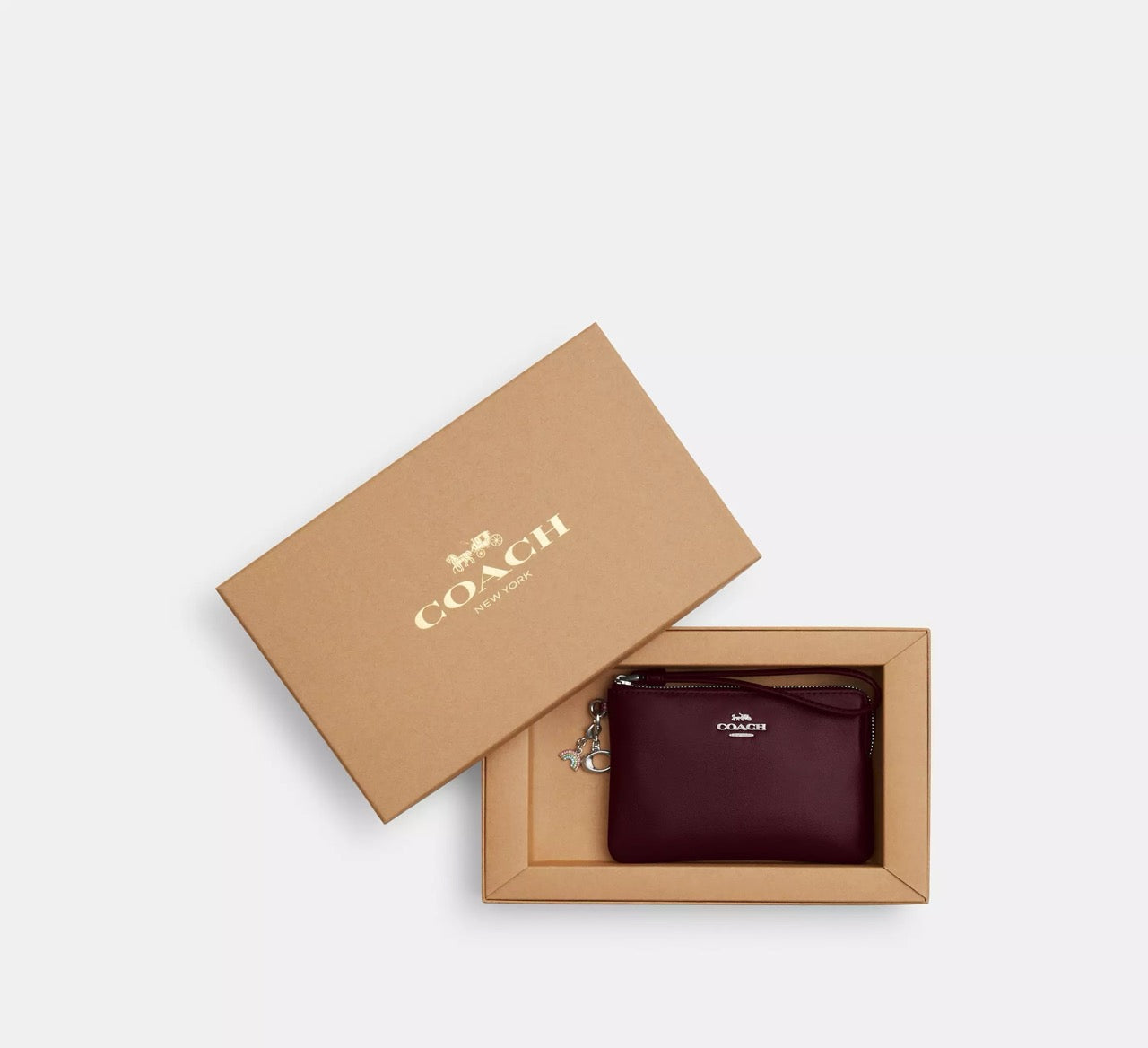 [INCOMING ETA 30 DAYS] COACH Boxed Corner Zip Wristlet With Charms in Dark Wine (CCK94)