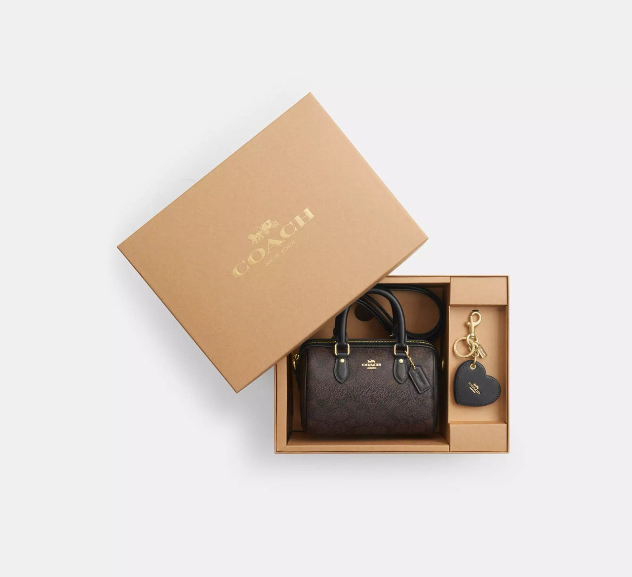 [INCOMING ETA 30 DAYS] COACH Boxed Mini Rowan Crossbody Bag & Mirror Bag Charm Set in Walnut/Black (CCL59)