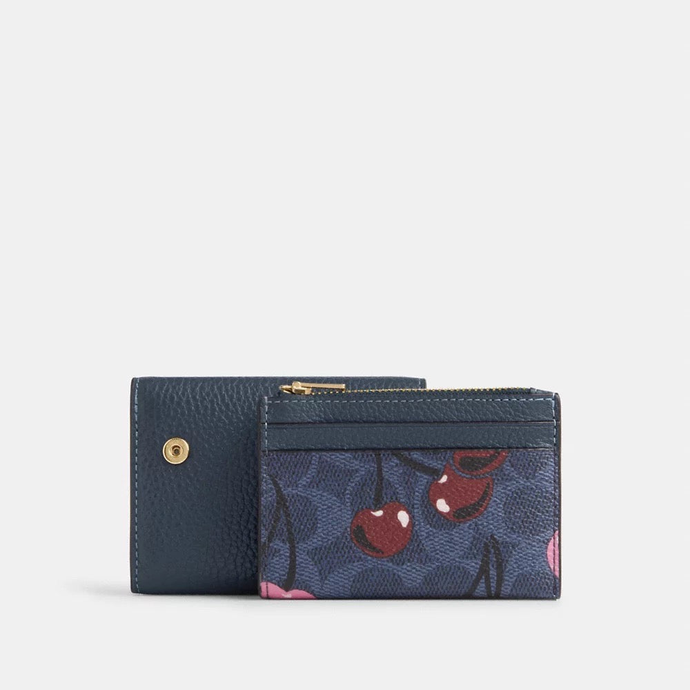 [INCOMING ETA 30 DAYS] COACH Card Holder Wallet In Signature Canvas With Cherry Print in Denim Multi (CZ448)