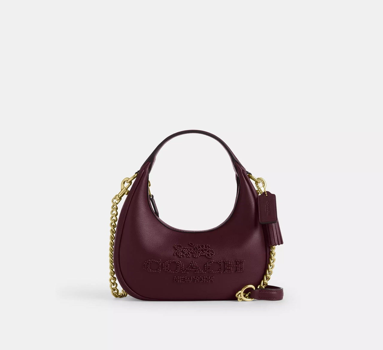 [READY STOCK MY] COACH Carmen Mini Crossbody Bag With Beaded Coach Graphic in Dark Wine (CCE60)