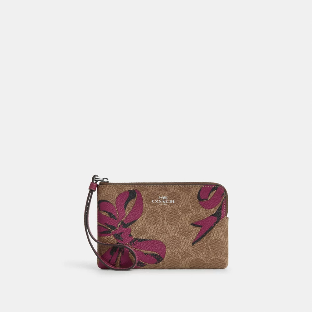 [INCOMING ETA 30 DAYS]  COACH Corner Zip Wristlet In Signature Canvas With Bow Print In Tan Pink Multi (CZ440)