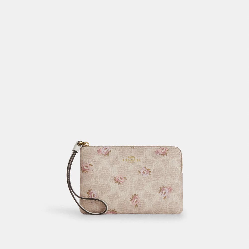 [INCOMING ETA AFTER RAYA] COACH Corner Zip Wristlet In Signature Canvas With Floral Print in Sand Multi (CAR20)