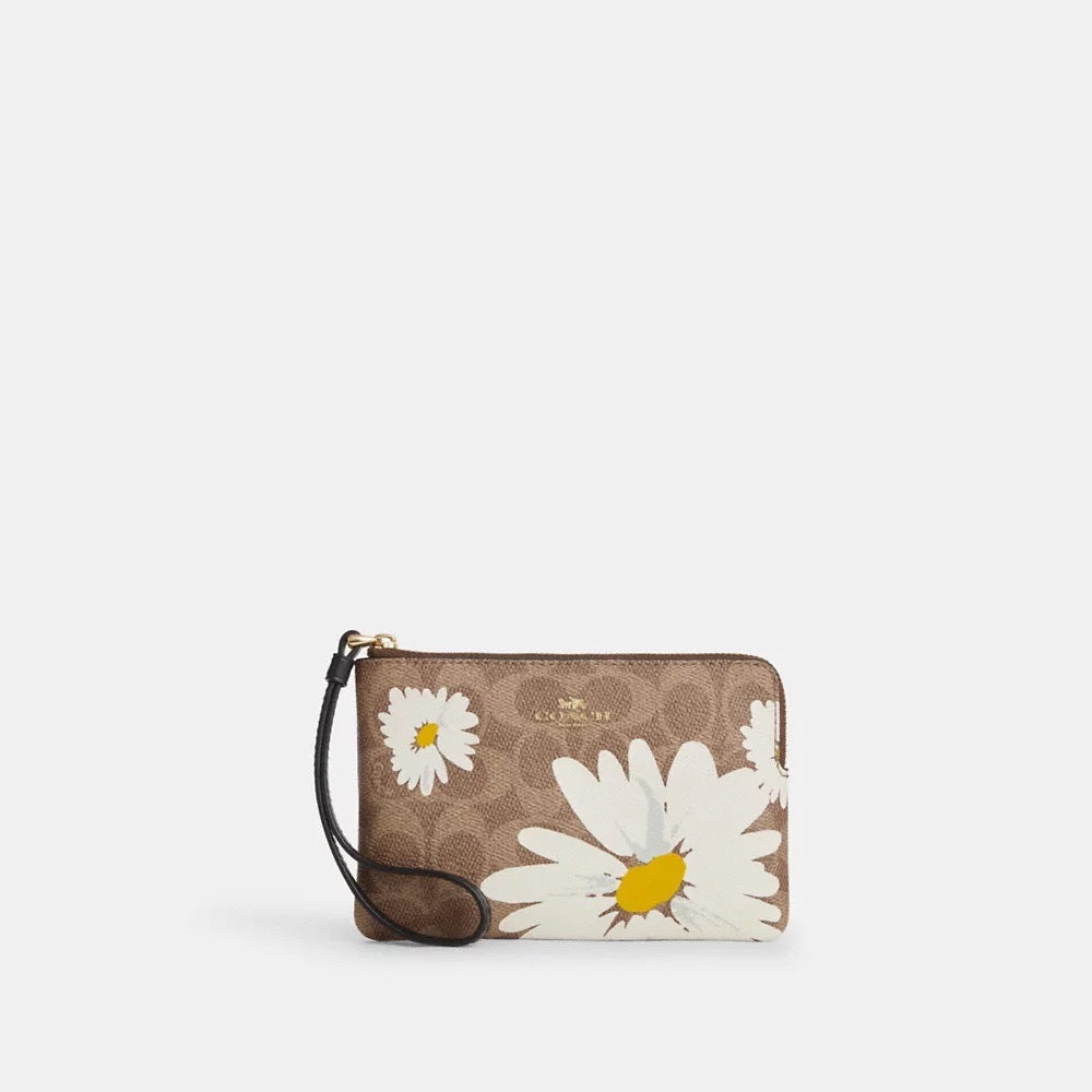 COACH Corner Zip Wristlet In Signature Canvas With Floral Print in Tan Multi (CZ604)