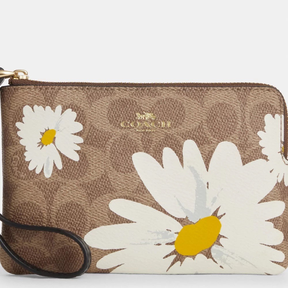 COACH Corner Zip Wristlet In Signature Canvas With Floral Print in Tan Multi (CZ604)