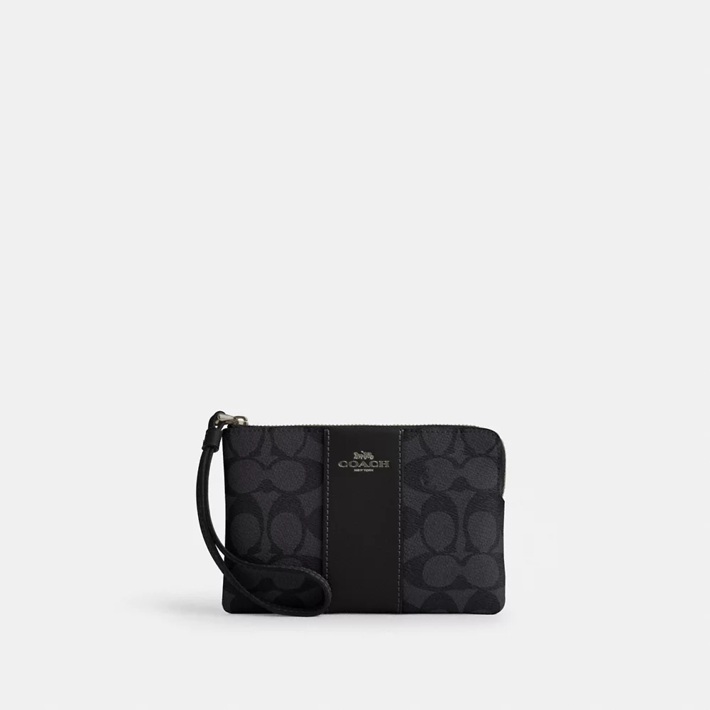 [INCOMING ETA END NOV 2024] COACH Corner Zip Wristlet In Signature Canvas With Stripe In Charcoal Black (CW854)