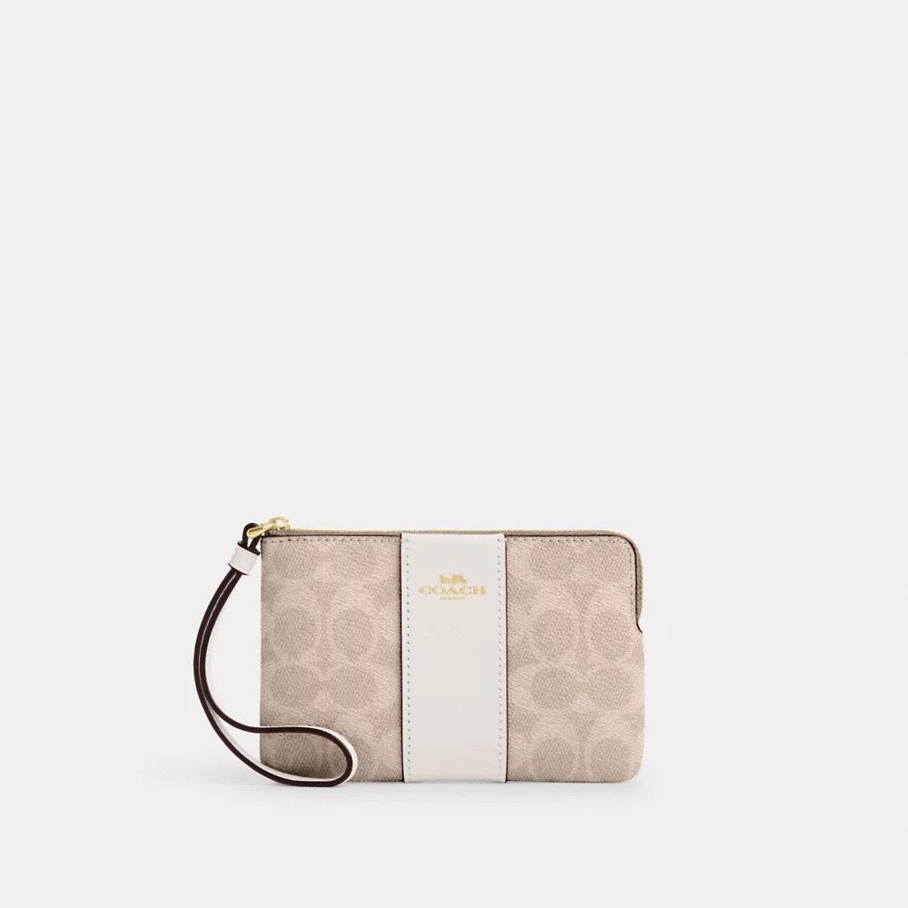 [INCOMING ETA 30 DAYS] COACH Corner Zip Wristlet In Signature Canvas With Stripe in Sand/Chalk (CW854)