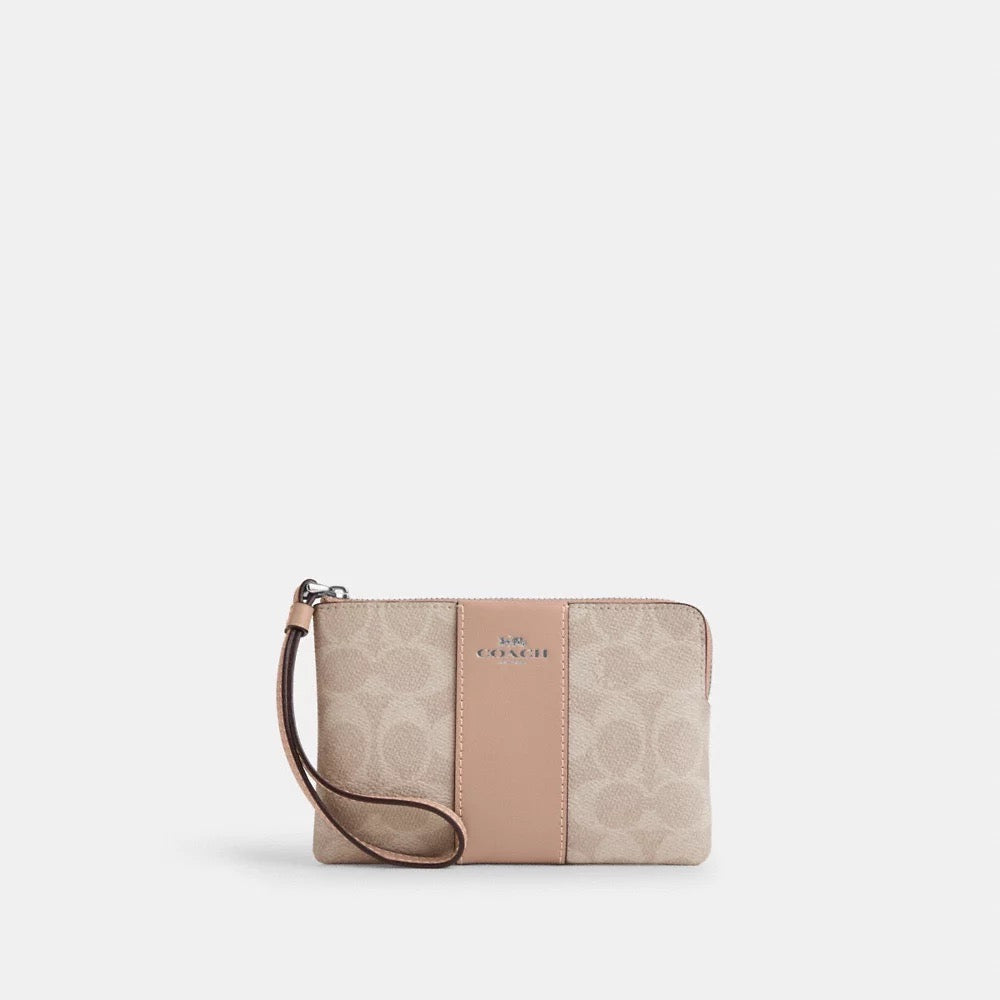 [READY STOCK MY] COACH Corner Zip Wristlet In Signature Canvas With Stripe in Sand/Taupe (SHW)(CW854)