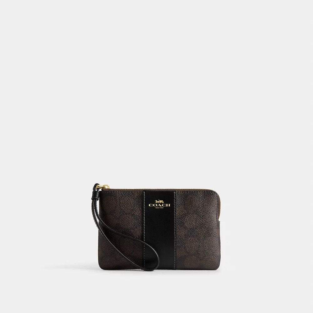 [INCOMING ETA 30 DAYS] COACH Corner Zip Wristlet In Signature Canvas With Stripe in Walnut/Black (CW854)