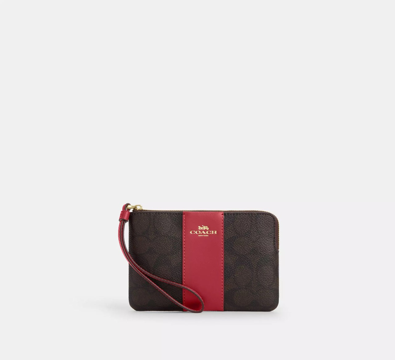 [INCOMING ETA 30 DAYS] COACH Corner Zip Wristlet In Signature Canvas With Stripe in Walnut/True Red (CW854)