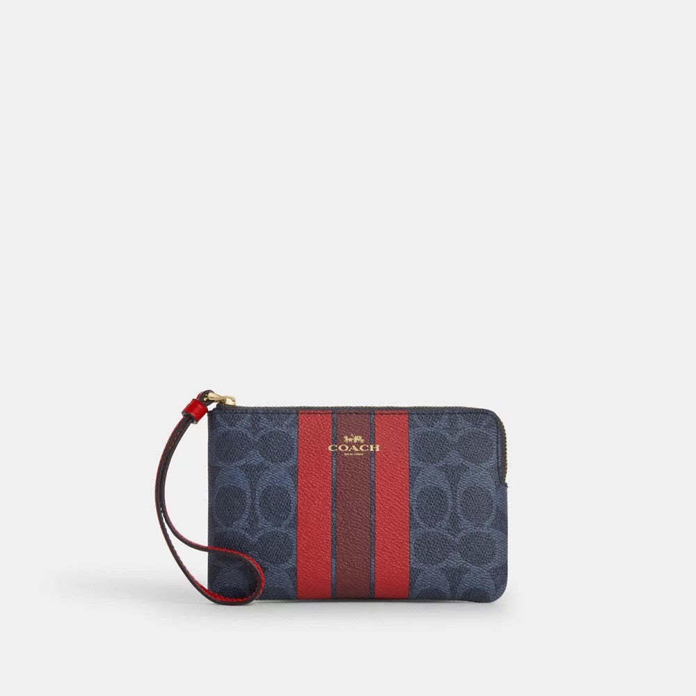 [INCOMING ETA 30 DAYS] COACH Corner Zip Wristlet In Signature Canvas With Varsity Stripe in Denim/Bold Red (CBP19)
