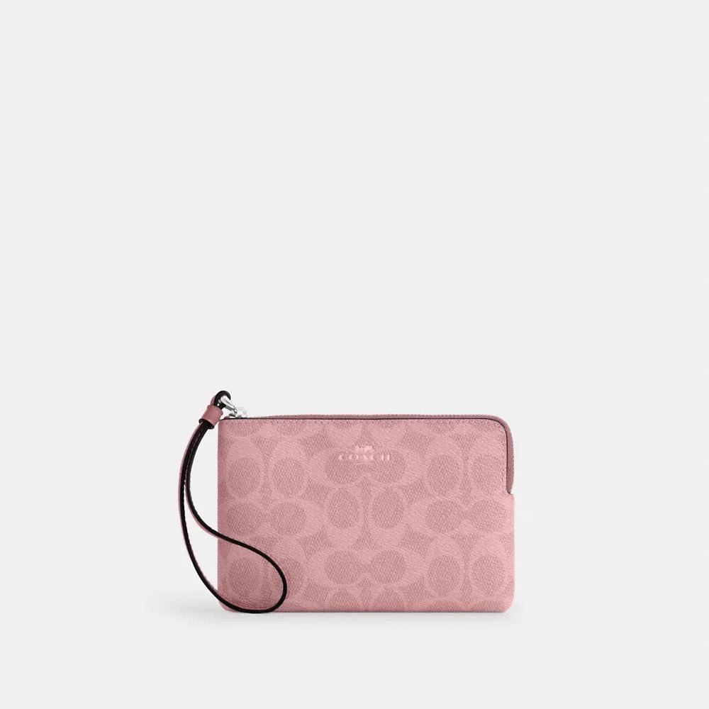 [INCOMING ETA 30 DAYS] COACH Corner Zip Wristlet In Signature Canvas in Dusty Pink (SHW)(CAQ75)