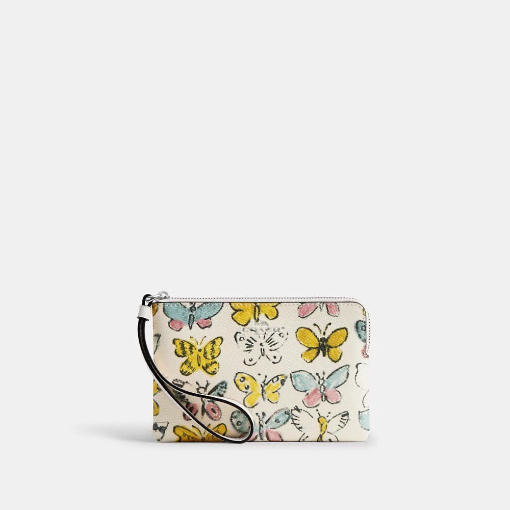 [INCOMING ETA AFTER RAYA] COACH Corner Zip Wristlet With Butterfly Print in Chalk Multi (CAQ55)