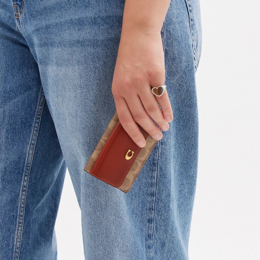 [READY STOCK MY] COACH Essential Mini Trifold Wallet In Signature Canvas in Tan/Rust (CM438)