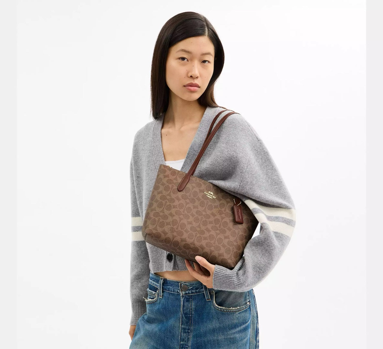 [READY STOCK MY] COACH Fiona Zip Tote Bag In Signature Canvas in Tan/Brown (CBT18)