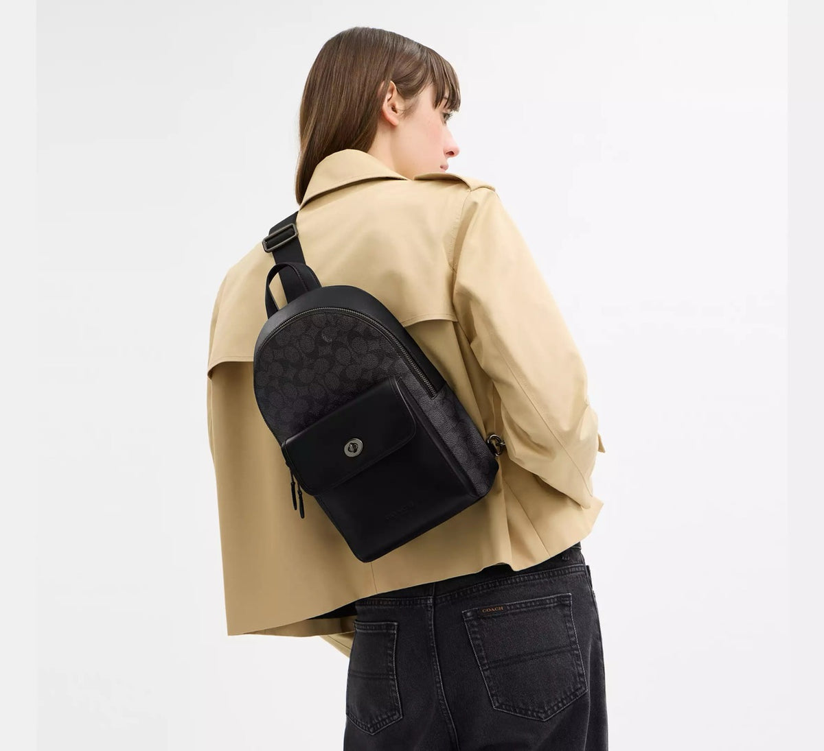 [READY STOCK MY] COACH For Men Turnlock Sling Pack In Signature Canvas in Charcoal/Black (CAJ92)