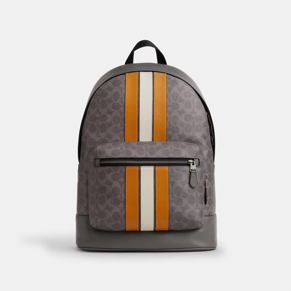 [INCOMING ETA 30 DAYS] COACH For Men West Backpack In Signature Canvas With Varsity Stripe in Ochre/Chalk (CV922)