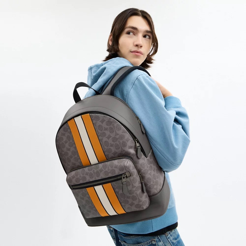 [INCOMING ETA 30 DAYS] COACH For Men West Backpack In Signature Canvas With Varsity Stripe in Ochre/Chalk (CV922)