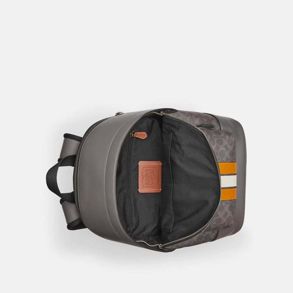 [INCOMING ETA 30 DAYS] COACH For Men West Backpack In Signature Canvas With Varsity Stripe in Ochre/Chalk (CV922)