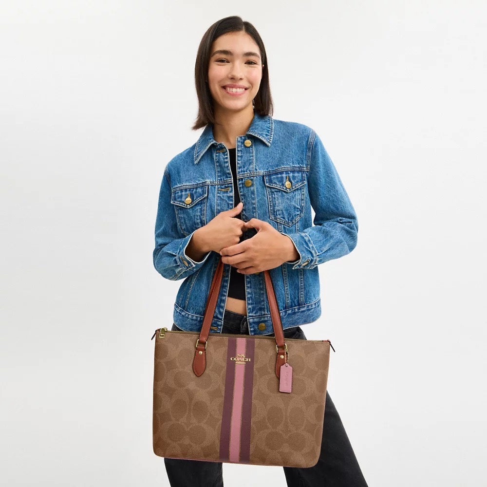 [INCOMING ETA 30 DAYS] COACH Gallery Tote Bag In Signature Canvas With Stripe Print in Tan Multi (CBM18)